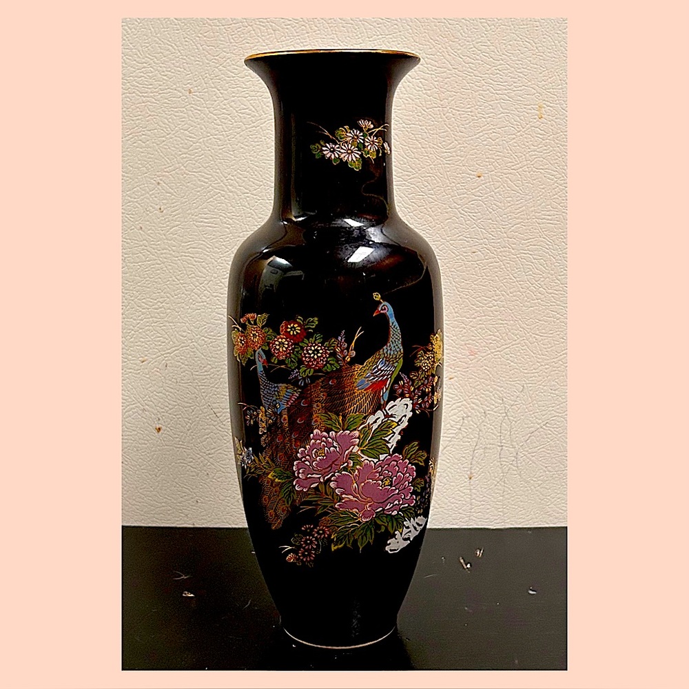 Elegant Black Vase with Floral and Peacock Design